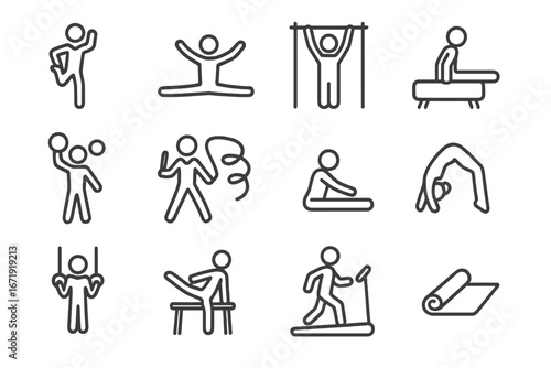 Gymnastics and Fitness Line Icon Set with Sports and Exercise Outline Symbols, Vector Cartoon Illustration Featuring Gymnastics, Stretching, Training, and Workout Equipment on Transparent Background