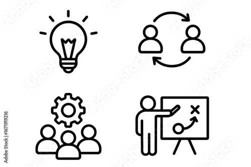 Business icons set. Line art symbols for idea, teamwork, strategy, management. Creative thinking, collaboration, planning, presentation concept. Vector infographic elements.
