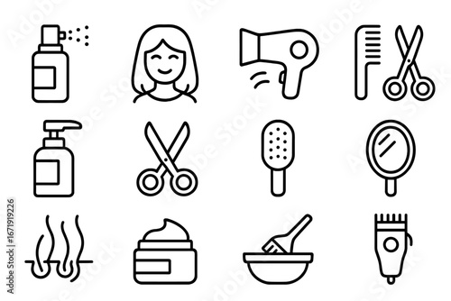 Haircare and salon line icon set, hairstyling and beauty tools collection, black outline vector illustration, professional hairdressing icons for salon and spa design
