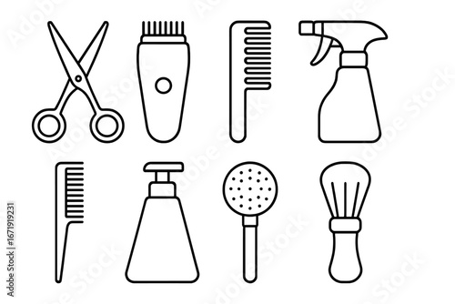 Hairdressing tools outline icon set, barber and salon grooming essentials, haircut and styling equipment vector cartoon illustration with transparent background, ordered professional set