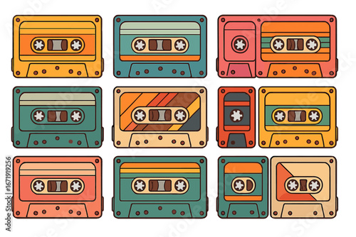 Set of retro audio cassette tapes. Vintage music mixtape concept. 80s and 90s nostalgia. Old school analog media player. Colorful vector cartoon graphic illustration isolated.