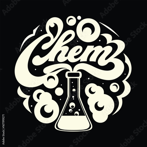 Stylish Chemistry Illustration of Erlenmeyer Flask Surrounded by Bubbles and Lettering