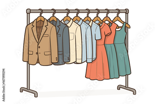 Clothing rack with men's and women's apparel. Fashion collection with suits, shirts, dresses on hangers. Vector for retail, shopping, boutique, wardrobe or closet concept.