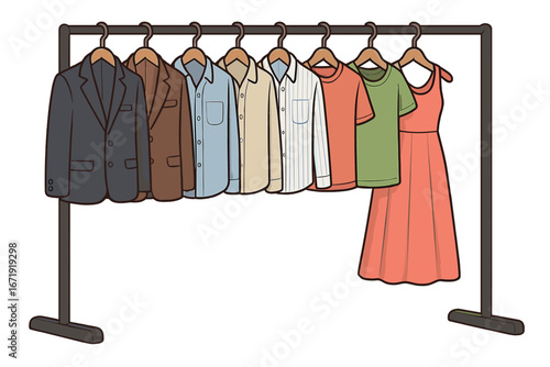 Variety of clothes on a hanger rack. Men's and women's apparel collection. Suit, shirt, dress. Wardrobe or retail store display. Fashion concept cartoon vector illustration.