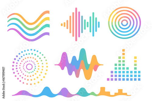 Sound wave vector set. Colorful abstract audio signals, music equalizer, voice waveform, frequency spectrum. Radio waves, sonic vibration & circular ripple graphic elements.