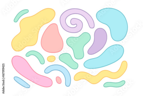 Colorful abstract shapes collection. Pastel liquid blob forms with contour. Doodle amoeba elements for modern background design. Cute cartoon vector graphic resource element set.