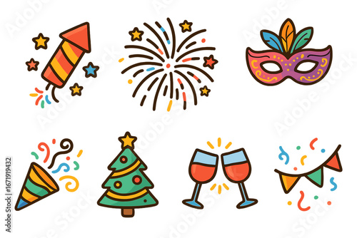 Celebration icon set for party, Christmas, and New Year. Vector collection with fireworks, carnival mask, popper, and wine. Festive cartoon illustrations for events.