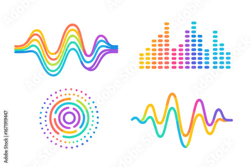 Vector set of colorful sound waves. Audio equalizer, music soundwave, digital spectrum icons. Voice frequency, radio signal visualization. Abstract circle sonar radar graphic element.