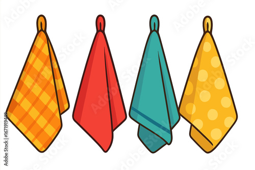 Set of colorful kitchen towels with patterns. Vector cartoon illustration of hanging tea towels. Fabric dishcloths for home cooking and cleaning. Plaid, polka dot design.