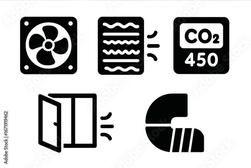 Air quality control solid icon set. Vector glyph symbols for ventilation, air filter, purification, and CO2 monitoring. Features fan, carbon dioxide meter, fresh air, HVAC system.
