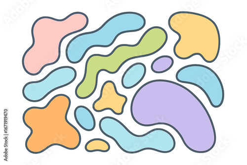 Colorful abstract shapes set. Liquid organic forms. Groovy retro background elements. Modern pastel color spots. Minimalist graphic design. Vector cartoon illustration.