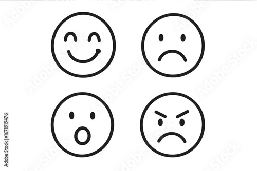 Smiley face icons showing different emotions. Happy, sad, angry, surprised expressions. Set of simple emoticons for customer feedback, survey or rating. Vector illustration.