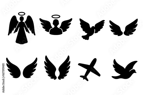 Angel flight silhouette icon set. Winged bird and aviation symbols. Heaven, holy, spirit, and peace dove icons. Religious, christianity, and memorial design elements. Fly.