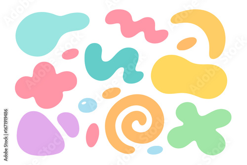 Set of abstract shapes. Colorful pastel collection of liquid organic forms. Blob, amoeba, and fluid elements for modern design. Minimalist graphic vector background elements.