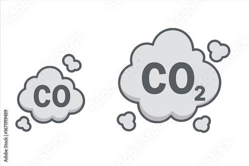 CO and CO2 carbon dioxide and monoxide gas emissions concept. Smoke cloud icon set. Air pollution, exhaust fumes and greenhouse effect vector cartoon illustration symbol.