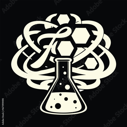 Intricate Science Emblem Featuring Erlenmeyer Flask and Abstract Molecular Design Chemistry