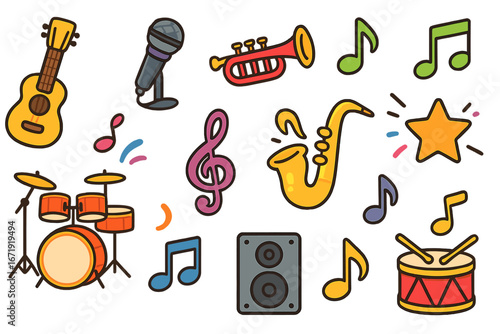 Cartoon music icon set. Colorful vector collection of musical instruments and sound symbols. Guitar, drums, saxophone, trumpet, microphone, speaker, notes, clef. Isolated.