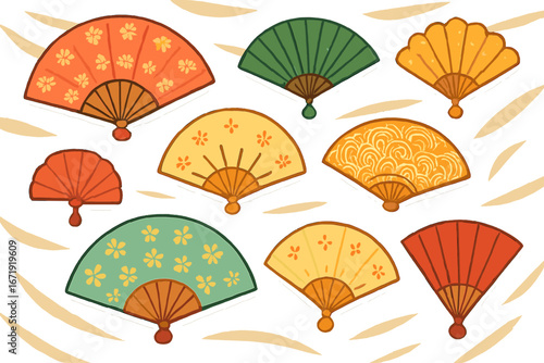 Set of colorful hand fans with decorative floral patterns. Traditional Asian, Japanese, or Chinese folding fan collection. Vector cartoon accessory illustration for summer design.