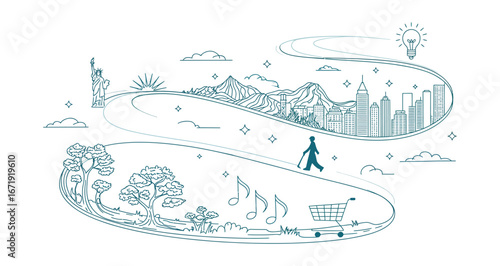 Stylized monochrome illustration of a winding journey through nature, city, commerce, and innovation, symbolizing life, growth, and ideas