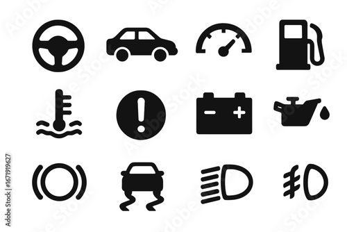 Car dashboard warning light icon set. Automotive vehicle instrument panel symbols. Flat silhouette vector glyphs for indicators like battery, oil, engine temperature, and gas.
