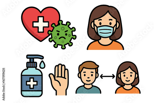Health awareness and safety icons during pandemic, vector cartoon illustration with face mask, hand sanitizer, social distancing, virus protection symbols for public understanding