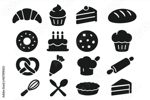 Bakery silhouette icon set. Pastry, desserts, cakes, and baking tools collection. Vector glyphs for cafe menu, patisserie, and cooking design. Sweet food graphic elements.