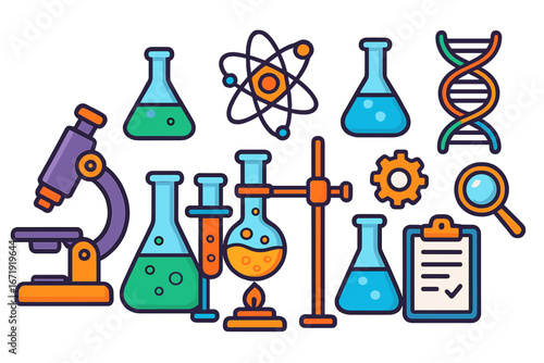 Colorful Laboratory Equipment with Scientific Tools and Research Symbols, Modern Lab Chemistry Glassware, Microscope, DNA, Atomic Model, Bunsen Burner Illustration