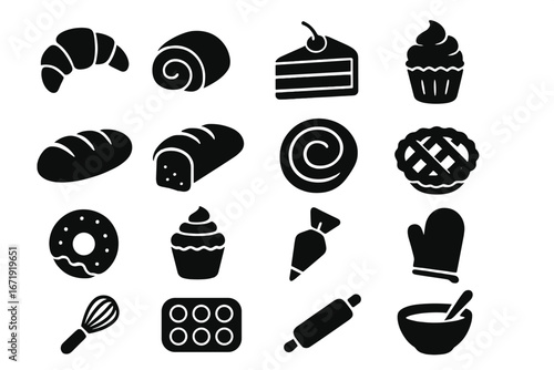 Bakery dessert silhouette icon set. Pastry, cakes, and baking tools collection. Vector glyph icons for patisserie, cafe menu, cooking blog, or confectionery branding.