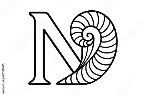 Letter N logo design with shell spiral. Monogram N icon with abstract wave or nautilus shape. Elegant line art for branding. Vector initial symbol illustration. Sea concept.