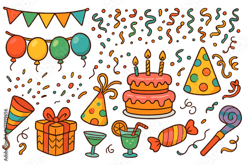 Set of colorful party and birthday celebration elements. Vector cartoon illustration of festive decorations like cake, balloons, gift box, confetti, and party hats. Isolated icons.