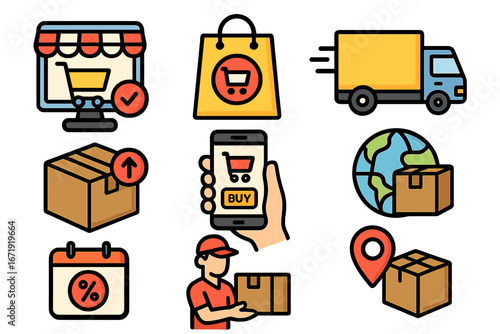 Vector icons representing online shopping, e-commerce logistics, delivery services, package tracking, mobile buying, global shipping, and order fulfillment in cartoon style