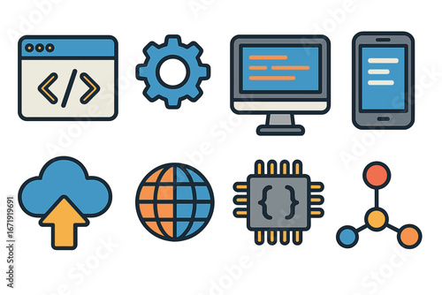 Web development and technology icons set, programming, coding, digital concepts, cloud upload, network globe, microchip coding, mobile tech, system gear, cartoon vector illustration