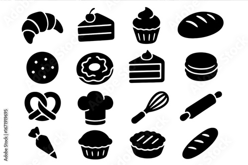 Bakery silhouette icon set. Pastry and desserts collection. Baking tools and equipment glyphs. Sweet food symbols like cake, cupcake, donut, bread, pie, and croissant.