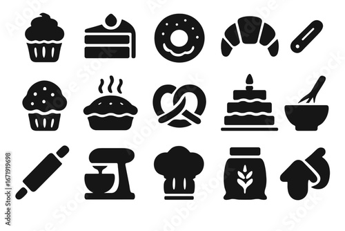 Baking and sweets solid icon set. Pastry, dessert, cooking glyphs collection. Vector bakery signs like cupcake, cake, donut, pie, croissant, mixer, rolling pin, flour sack.