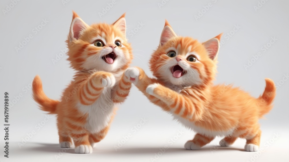 Fototapeta premium Adorable Fluffy Orange Kittens Playing Joyfully Together on White Background