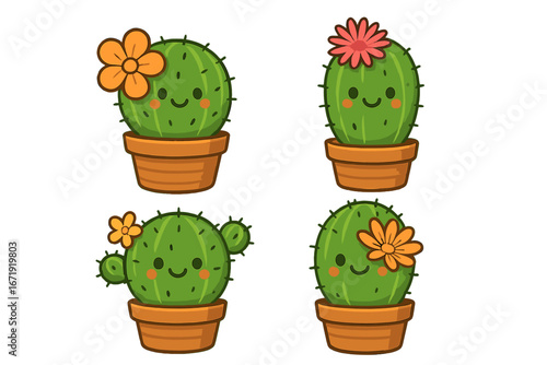 Collection of cute kawaii cactus characters in pots with flowers. Vector illustration of smiling succulent plants for stickers, home decor, or gardening themes. Cartoon mascot set.