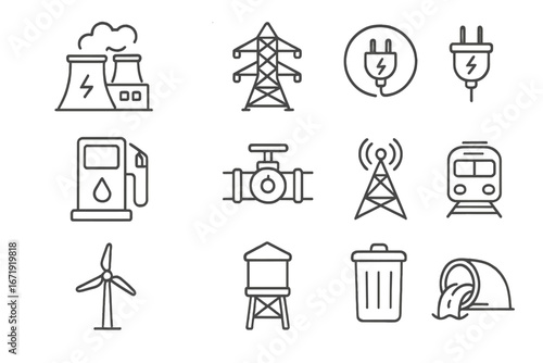 Infrastructure and Utility Line Icon Set, Energy and Transportation Linear Vector Collection, Cartoon Style Icons for Utilities and Urban Planning Transparent Background