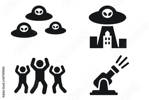 Alien invasion icon set. UFO fleet attacking city. Spaceship abducting building with tractor beam. People in panic. Earth defense laser cannon. Sci-fi vector glyph symbols.