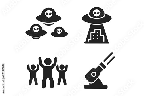 Alien invasion solid icons set. UFO fleet attacking city with beam. Panicked crowd of people. Laser cannon defense weapon. Extraterrestrial attack. Sci-fi glyph vector.