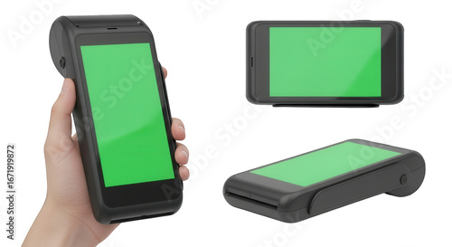 Hand holding a black mobile payment terminal with a green screen, alongside two additional views of the same device.