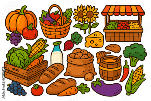 Farm market produce vector set. Cartoon illustration of fresh organic food. Harvest grocery collection with vegetables, fruits, bread, honey, milk, cheese and a market stall.