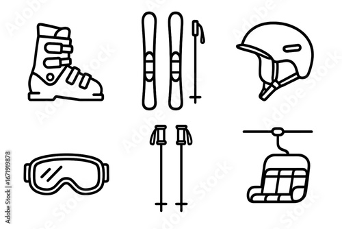 Winter sports gear icon set. Alpine skiing vector outline icons: ski boots, skis, poles, helmet, goggles, chairlift. Mountain resort & travel concept. Extreme sport symbol.