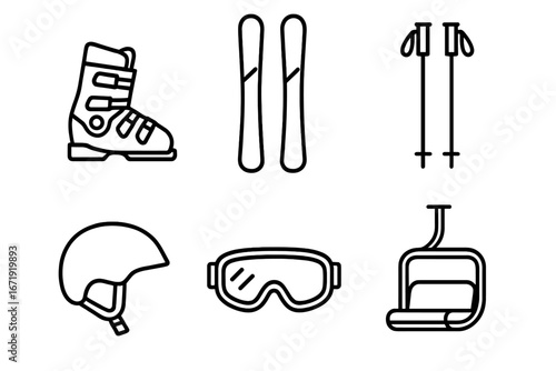 Alpine skiing line icon set. Winter sports equipment collection. Vector graphic elements including ski, boot, poles, helmet, goggles, and chairlift. Isolated on white.