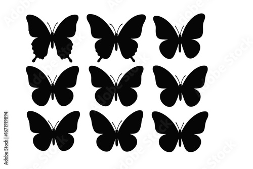 Butterfly silhouette icon set. Elegant nature-themed insect collection in black. Vector graphic element for design. Monarch butterfly shape. Isolated flying butterflies logo.