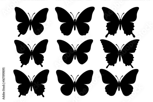 Butterfly silhouette icon set. Various beautiful elegant black butterflies. Flying insect collection. Vector graphic design element for logo, tattoo, decal, or sticker.
