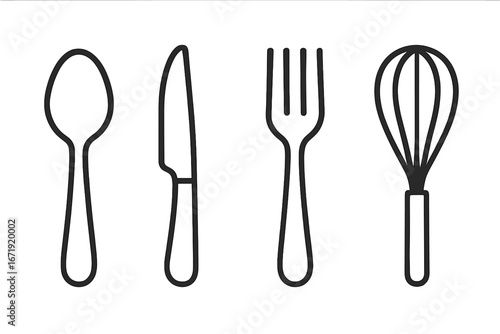 Kitchen tool line icon set with spoon, knife, fork, and whisk. Outline kitchen utensil icons collection. Vector cartoon illustration. Transparent background. Ordered set of 4 culinary tools.