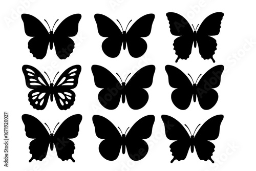 Butterfly silhouette icon set. Black insect collection with elegant shapes. Vector graphic design elements for decoration. Flying moth and butterflies with different wings style.