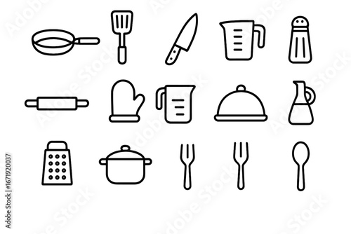 Kitchen Tools Line Icon Set with Utensils, Cooking, and Baking Essentials, Vector Cartoon Illustration of Transparent Background Linear Collection for Culinary Use