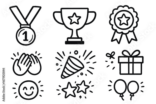 Set of hand-drawn celebration and award icons. Doodle style vector illustration of trophy, medal, gift, and party popper. Success, winner, and achievement concept symbols.
