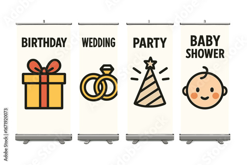 Event promotion roll-up banner stand set. Birthday, wedding, party, baby shower celebration designs. Modern minimalist vector icons for advertising. Gift, rings, hat, baby face.